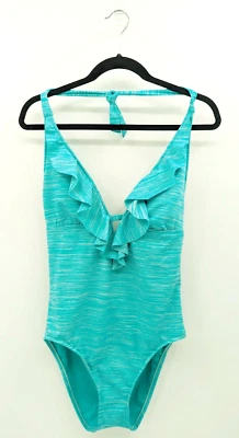 Maiô Mossimo Feminino L Verde Turquesa Uma Peça Listra Babado Halter - Imagem 1 de 3