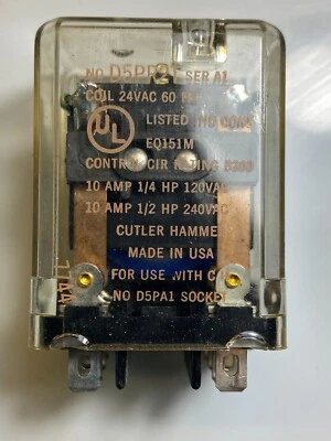 Relay General Purpose 10-Amp (24VAC COIL) 2-Pole 8-Pin DPDT Cutler-Hammer D5PR2T - Image 1 of 4