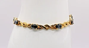 925 Sterling & Gold Vermeil Simulated Dark Blue Sapphire Tennis Bracelet 7" - Picture 1 of 8