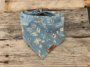 Dog Bandana, Playa Wildflower Blue, Traditional Tie, Personalized Leather Name - Picture 1 of 8