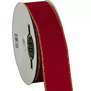 Red Velvet Christmas Ribbon, Double-Sided Gold Wire Edge, 2-1/2in Width X 50 YDS - Picture 1 of 6