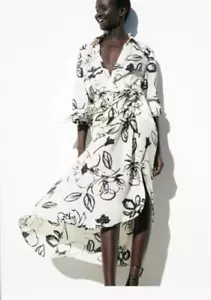 Zara Womens Shirt Dress Size L Cream Midi Floral Belted Long Sleeve 2693/107 NWT - Picture 1 of 8