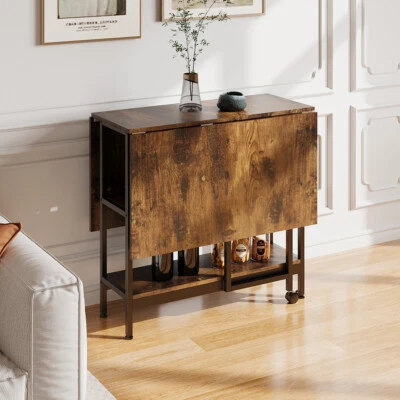 Vintage Rustic Wood Drop Leaf Dining Table Extendable Kitchen Table with Shelves - Image 1 of 4