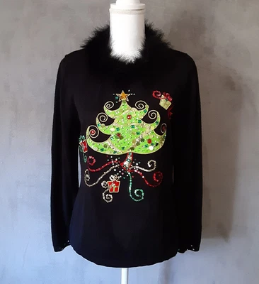 Antigo Berek 2 Suéter de Natal L Pulôver Árvore Enfeitada Gola de Avestruz Preta - Imagem 1 de 4