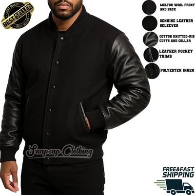 Letterman Baseball Unisex Blackout Wool Leather Collage Bomber Varsity Jackets - Image 1 of 4