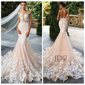 Meerjungfrau venezianischer Spitze Brautkleid Hochzeitskleid Champagner 32-60 - Bild 1 von 8