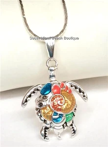 Silver Sea Turtle Necklace 18" Multicolor Colorful Enamel Nautical Island Beach - Picture 1 of 11