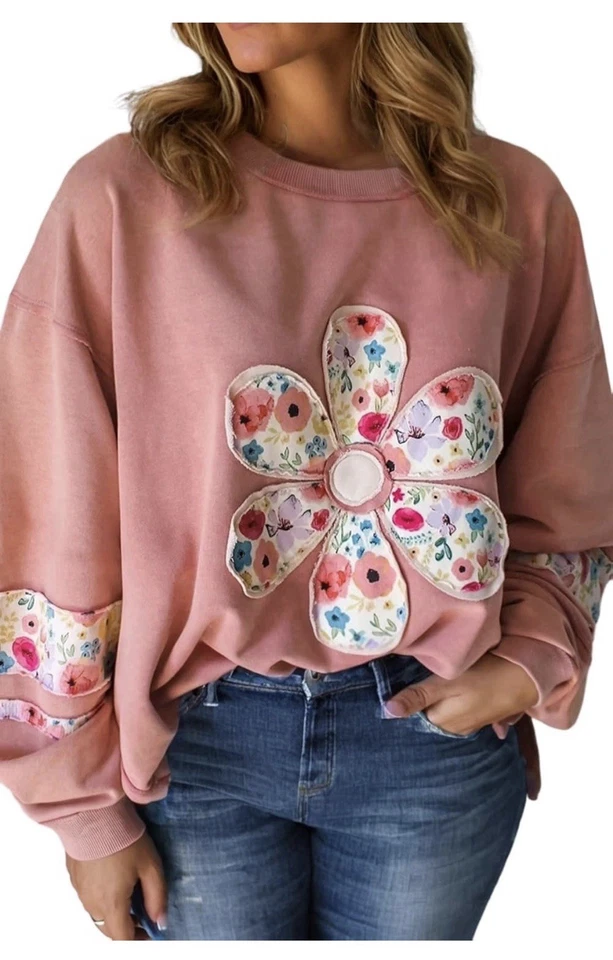 Peach Blossom 花卉露肩毛衣小号粉色运动衫新品 — 第 1/1 张图片