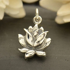 Sterling Silver Textured Blooming Lotus Charm 16x10mm - Picture 1 of 5