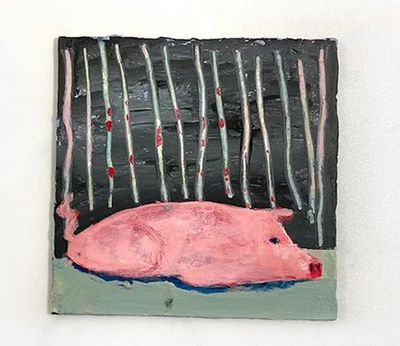 Pig Painting Original Folk Quirky Pink Princess Barnyard Animal Artwork - Image 1 of 4