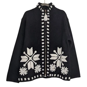 Laura Leigh Ltd Boiled Wool Sweater Womens Size Large Black Snowflake Full Zip - Picture 1 of 10