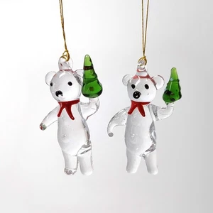 2 Vintage Hand-Blown Glass Teddy Bear Ornaments 1980s Clear Christmas Tree 2.3" - Picture 1 of 8