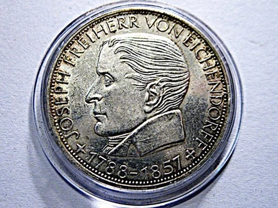 BRD  5 DM  1957 J  "Freiherr von Eichendorff"  Silber  original !! - Bild 1 von 2