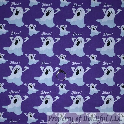 BonEFul Cotton Quilt Purple White Ghost BOO Black Face Halloween NEW Print SCRAP - Image 1 of 4