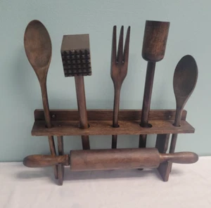 Primitive Country Solid Wood Kitchen Hanging Utensils 6 Piece With Rack - Picture 1 of 10