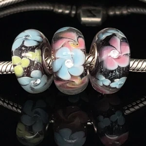 Blau & Rosa Blume Murano Glas Bettelarmband Perlen 3er Set - 925 Silber - Bild 1 von 3