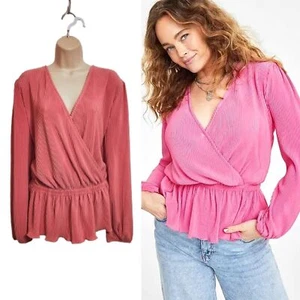 On-34th | NUOVO Top da festa plissettato plissettato surplice scollo a V Peplum rosa X-Large - Foto 1 di 11