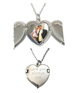 Personalised Photo necklace locket printed and engraved open angel wings heart - Picture 1 of 6