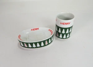 Christmas Ceramic "MERRY" Toothbrush Holder and Soap Dish - Picture 1 of 7