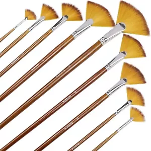 Artist Fan Paint Brushes Set 9pcs Soft Anti Shedding Nylon Hair Wood Long Handle - Picture 1 of 7