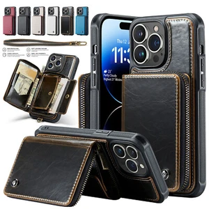 Zipper Leather Stand Wallet Card Case Wrist Strap For iPhone 14 Pro Max 13 12 11 - Picture 1 of 71