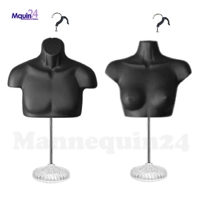 MALE & FEMALE MANNEQUIN TORSOS SET BLACK  +  2 STANDS + 2 HANGING HOOKS  - Image 1 of 4