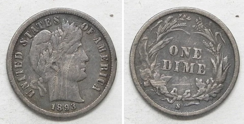 X4696  1893-S Barber Dime 10c, VF/XF details Cover