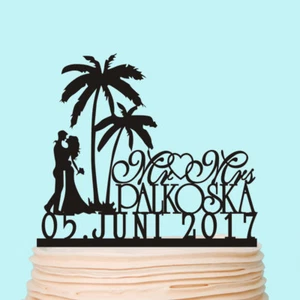 Palm Tree Wedding Cake Topper Beach Sea Personalised Romantic Topper Decorations - Picture 1 of 5