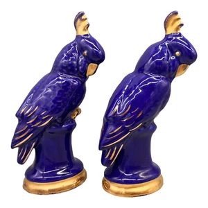 20th Century Royal Blue and 22k Gold Cockatoo Parrots - A Pair - Picture 1 of 10