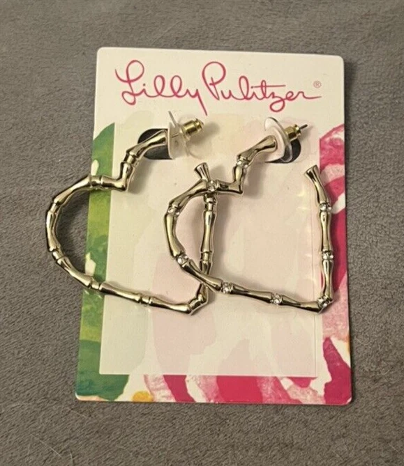 Lilly Pulitzer Gold Metallic GWP Bamboo Heart Hoop Earrings Crystals
