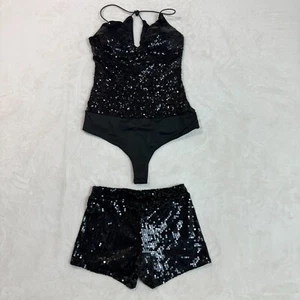 Spirit Black Sequined Bodysuit Padded Bra Lined Pullover Sequins Size M - Picture 1 of 16