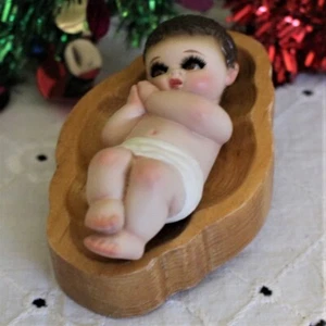 Baby Jesus Christmas Manger Crib Carved Wood 3 inch Glass Eyes 211 - Picture 1 of 5