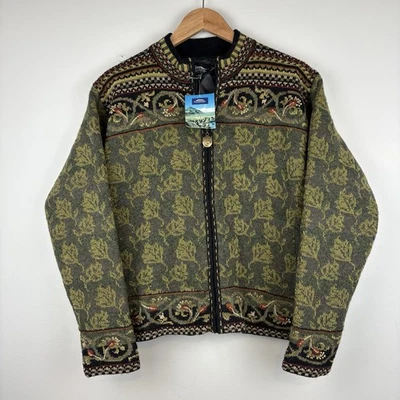 Icelandic Design Wool Sweater Jacket Green Full Zip Cardigan Nordic Fair Isle L - Image 1 of 4