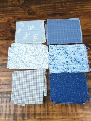 Fabric Lot Of 6 Blue Scraps, check/plaid, flowers, bow tie, 7oz - Image 1 of 4