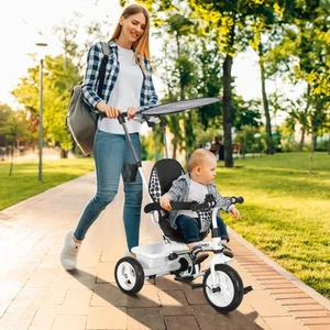 HOMCOM 6-in-1 Dreirad mit Schubstange, Kinderdreirad mit Sonnendach, Korb, Weiß - Bild 1 von 10