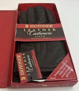 NEW ISOTONER MEN'S BLACK LEATHER GLOVES LINED WITH CASHMERE, SIZE LARGE, NIB - Picture 1 of 12