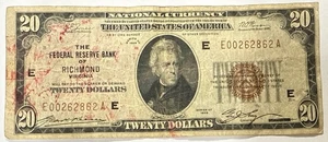 1929 20 Dollar National Currency Richmond Fed Circulated & Stained - Picture 1 of 2