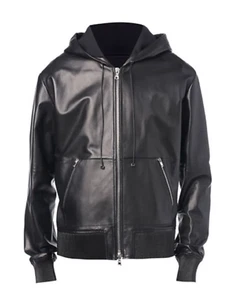 Men's American Style Black Hooded Bomber 100% Real Sheepskin Leather Jacket -112 - Picture 1 of 8