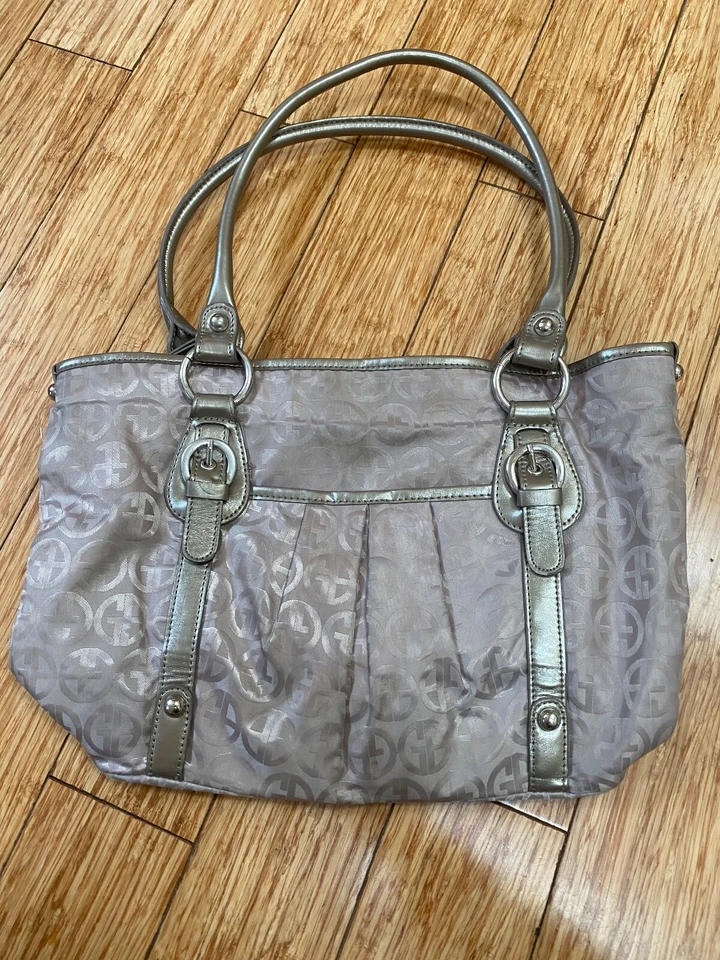 Bolso de Mano Giani Bernini Plata Tostado Logo Lona Impermeable Cuero Borde Foto 1 de 4