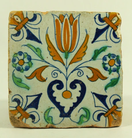 Antique 17th / 18th Cen. Glazed Terracotta Tile, Polychrome, French Cover