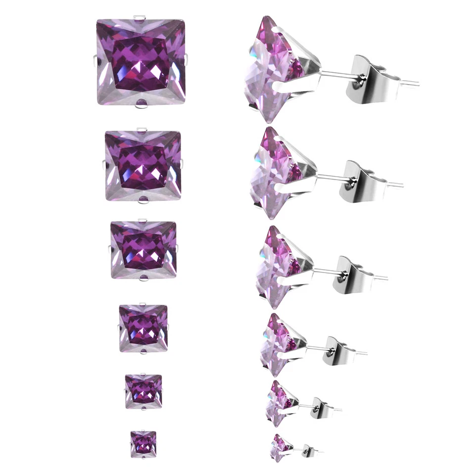 Stainless Steel Stud Earrings Cubic Zircon Square Men Women 2PC - Image 1 of 1