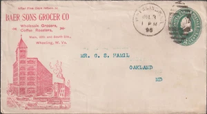 Wheeling W VA Illust advt in red 2ct entire BAER SONS GROCER CO (d62) - Picture 1 of 2