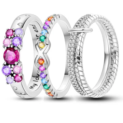 European Original 925 Sterling Silver Finger Ring Colorful AAA CZ Women Jewelry - Image 1 of 2