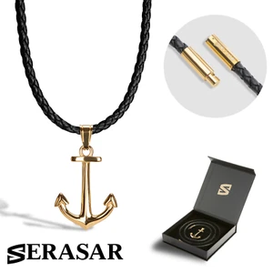 SERASAR | Men's Leather Necklace "Anchor" with Stainless Steel Pendant - 3 Color - Picture 1 of 22