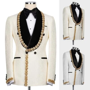 New Arrival Men's Paisley Suits Diamonds Velvet Lapel Wedding Jacket Balck Pants - Picture 1 of 20