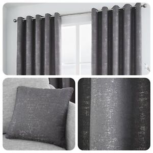Curtina SOLENT Graphite - Metallic Jacquard Eyelet Curtains & Cushions