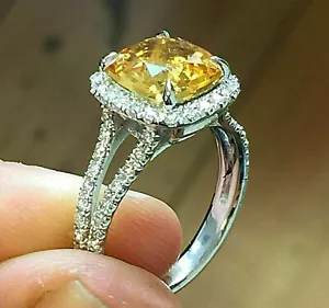 14k White Gold Plated 4 Ct Cushion Cut Simulated Yellow Citrine 925 Silver Ring - Picture 1 of 7