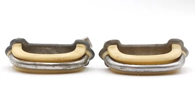 Pair of Mid Century Ivory Plastic Nickeled Brass Drawer Pulls - Image 1 of 4
