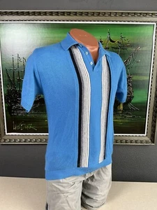 Vintage 1960s Sportswear by Revere Blue Strip Short Sleeve Acrylic Sweater Shirt - Picture 1 of 10