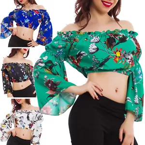 Blouse Woman Floral Satin Flowers Sleeves Rouched Elegant Top Sexy VB-1818 - Picture 1 of 23